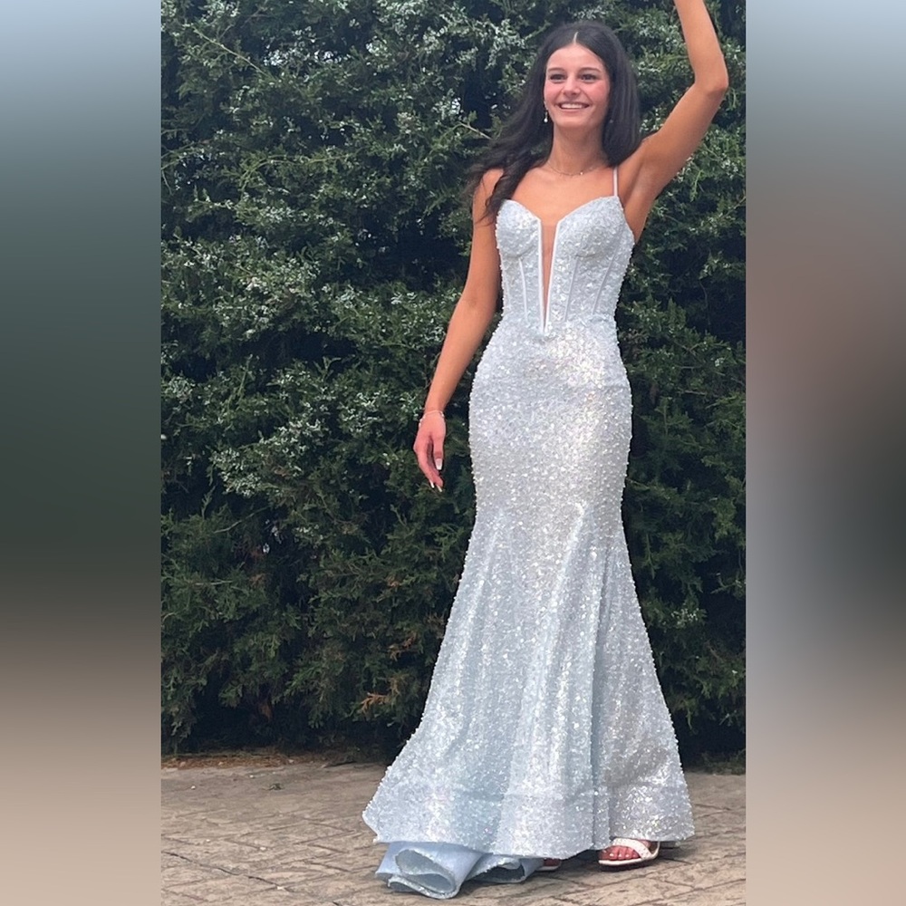 Portia and Scarlett Light Blue Sequin Prom Dress